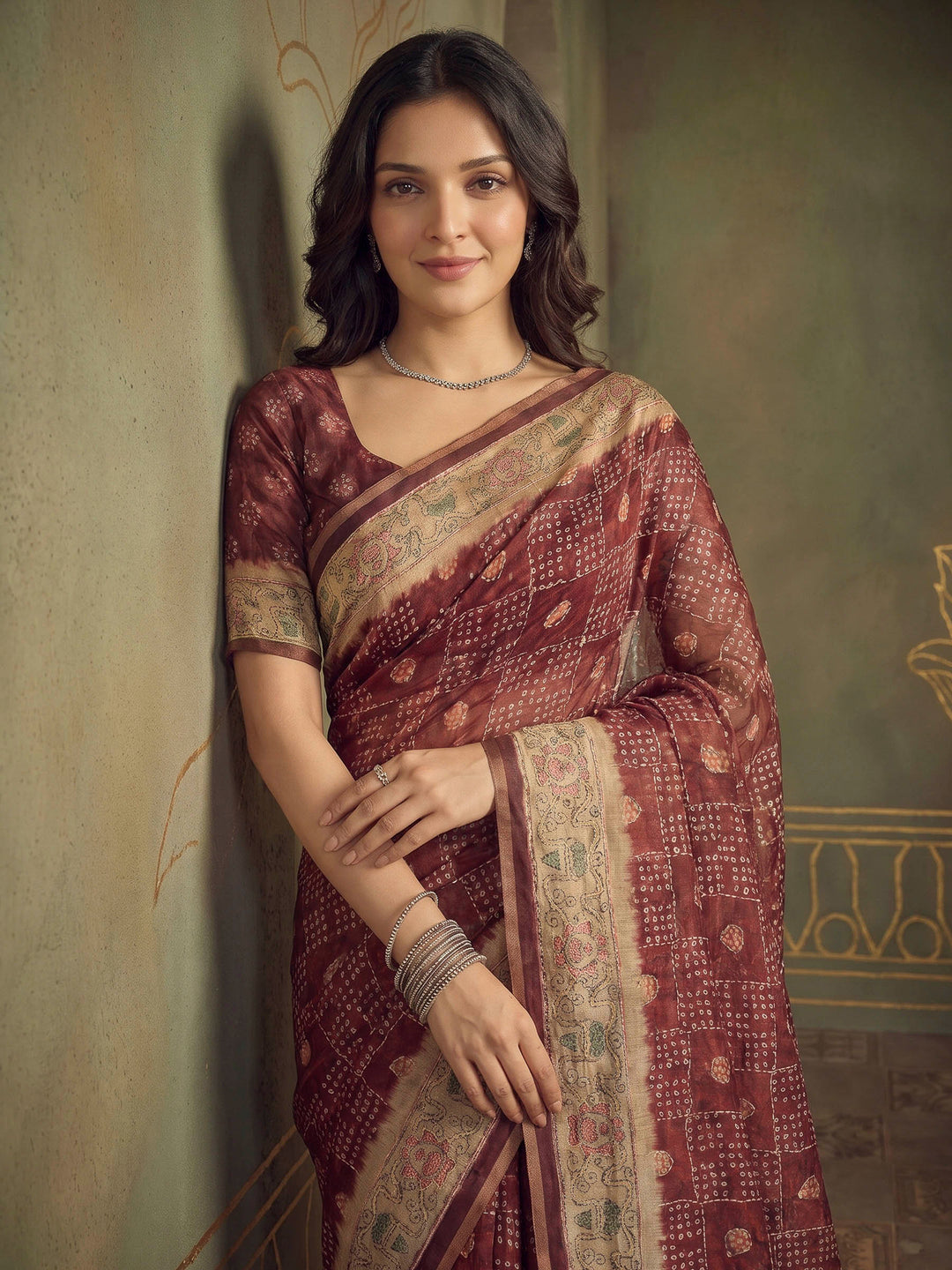 Maroon Cotton Blend Printed Saree
