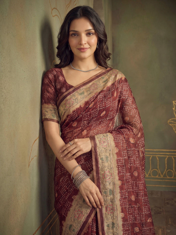 Maroon Cotton Blend Printed Saree