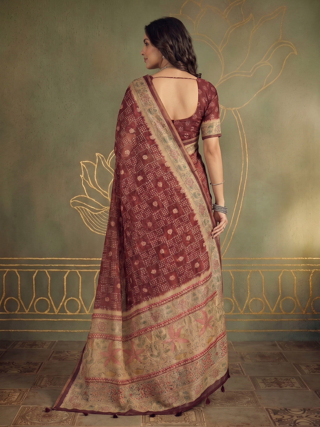 Maroon Cotton Blend Printed Saree