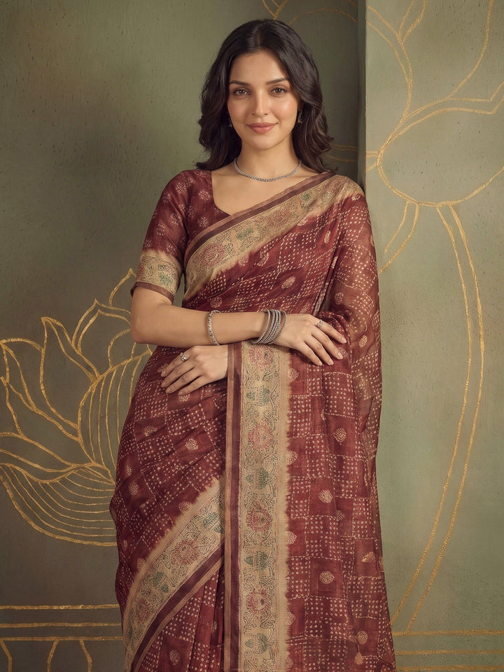 Maroon Cotton Blend Printed Saree