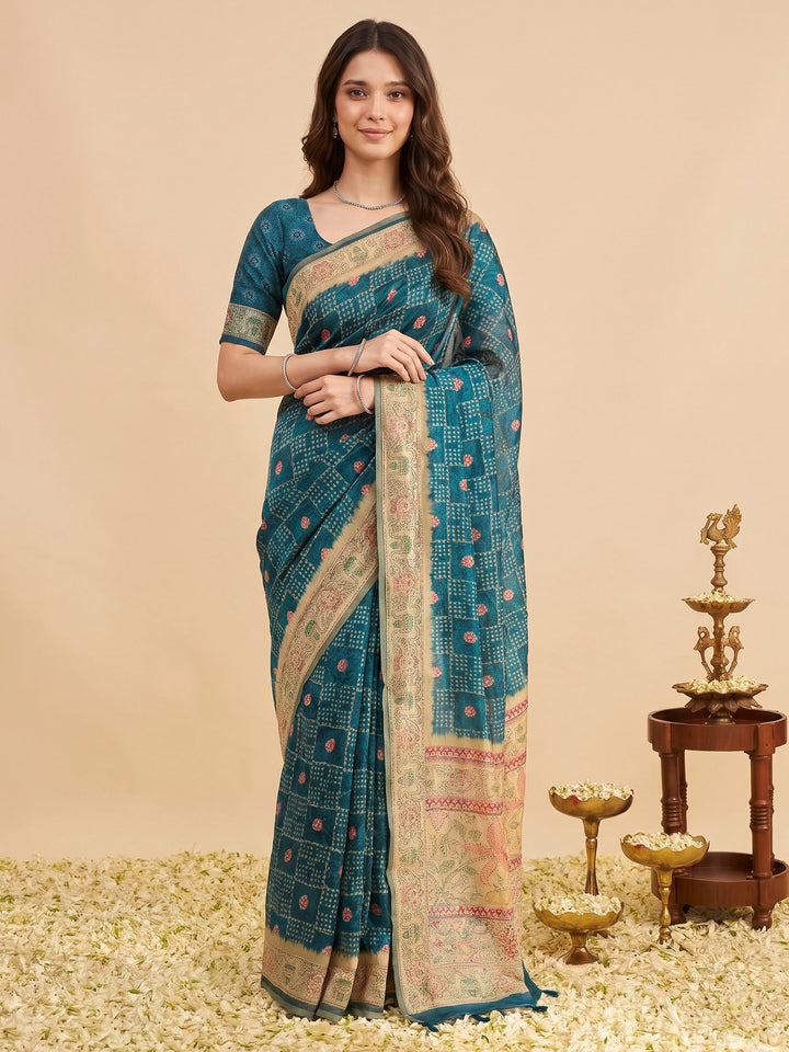 Peacock Blue Cotton Blend Printed Saree