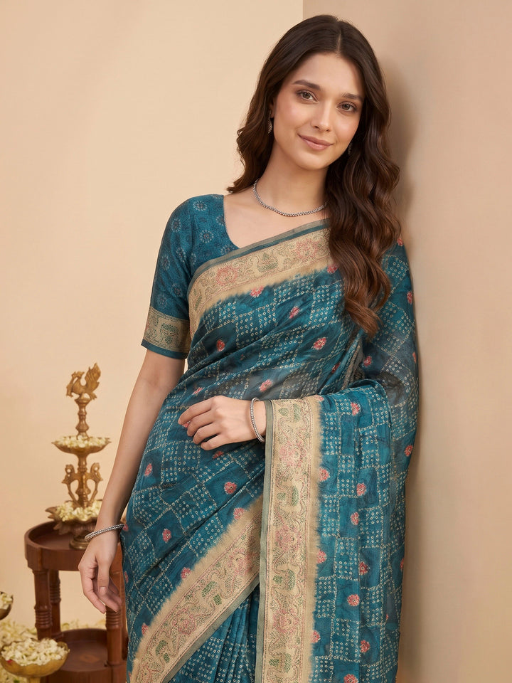 Peacock Blue Cotton Blend Printed Saree