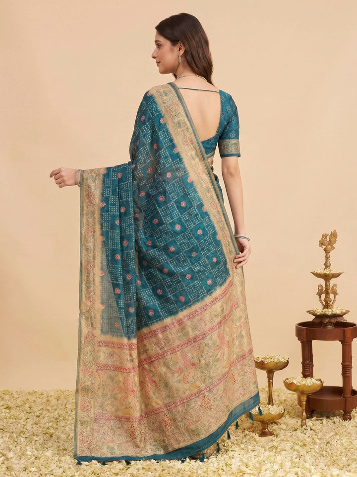 Peacock Blue Cotton Blend Printed Saree