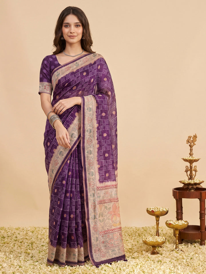 Purple Cotton Blend Printed Saree