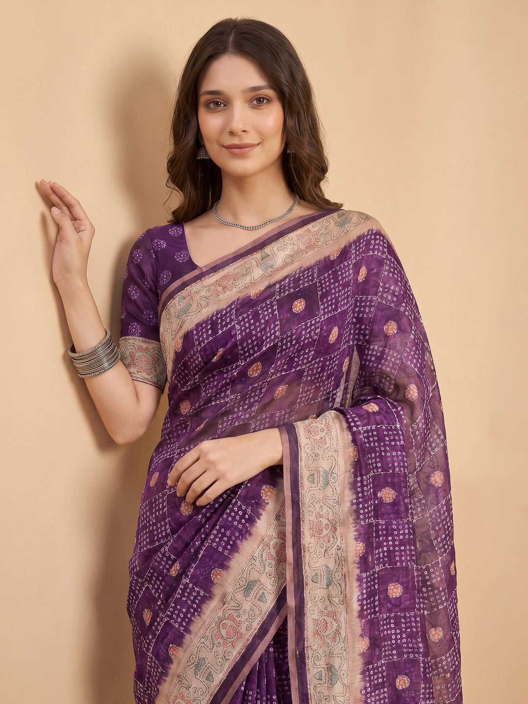Purple Cotton Blend Printed Saree