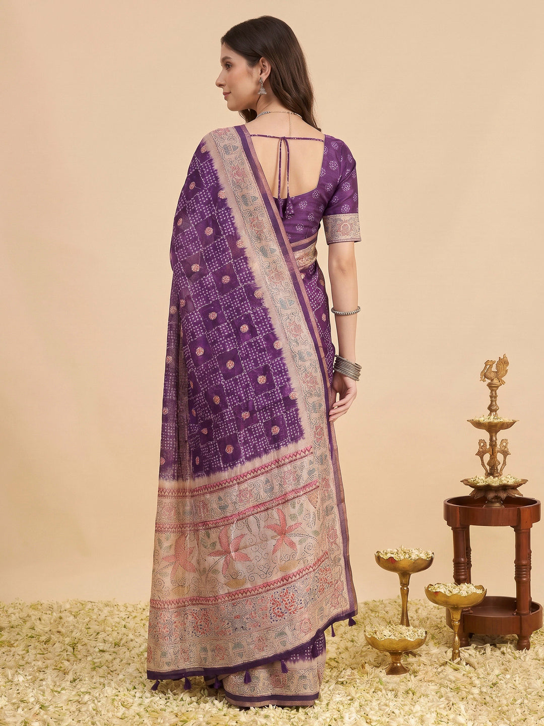 Purple Cotton Blend Printed Saree