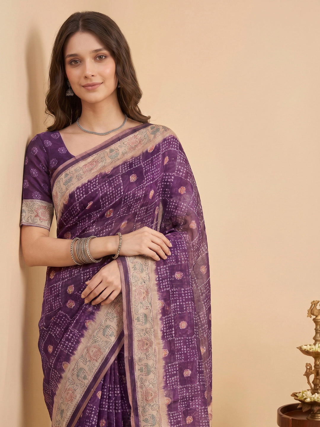 Purple Cotton Blend Printed Saree