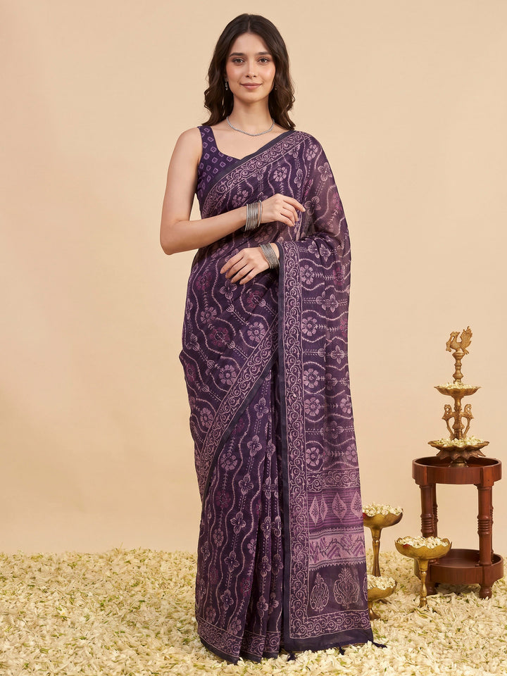 Wine Cotton Blend Printed Saree