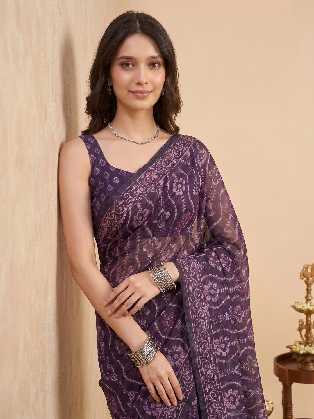 Wine Cotton Blend Printed Saree