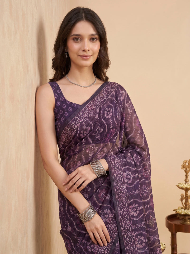 Wine Cotton Blend Printed Saree
