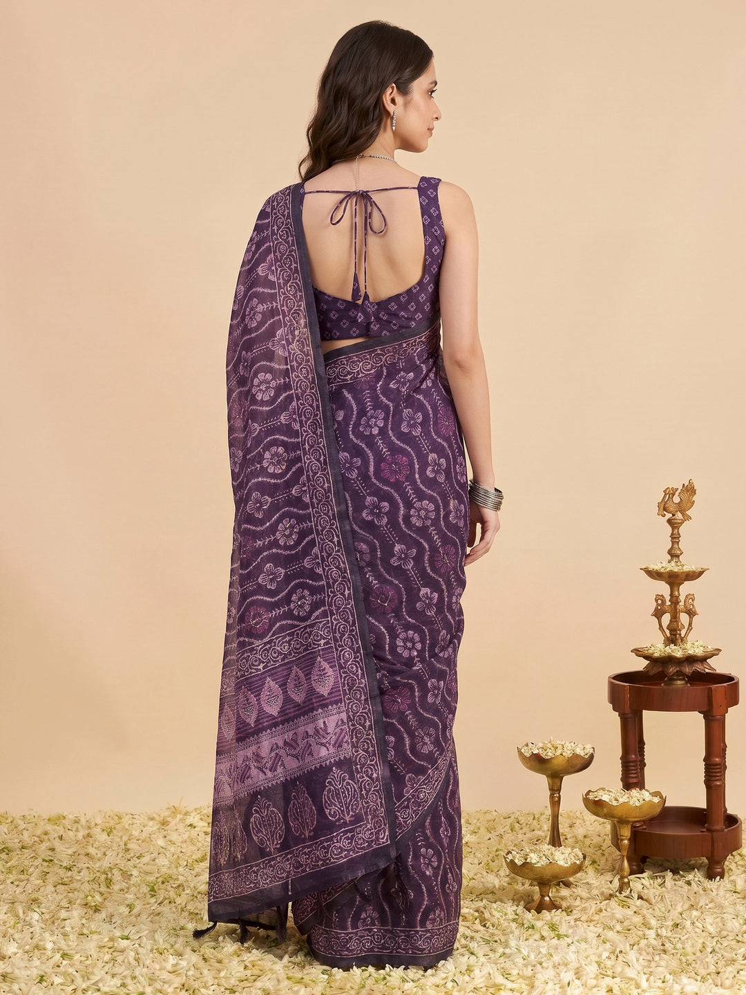 Wine Cotton Blend Printed Saree