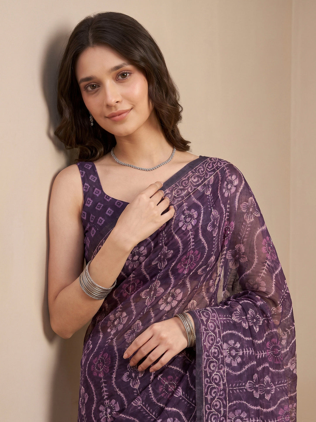 Wine Cotton Blend Printed Saree