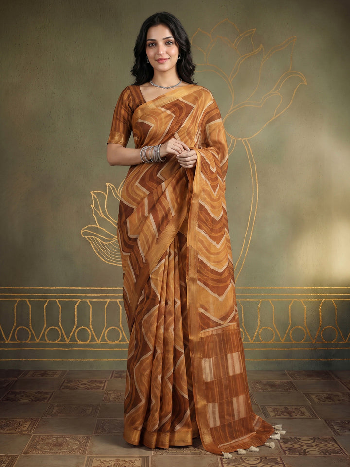 Mustard Cotton Blend Printed Saree