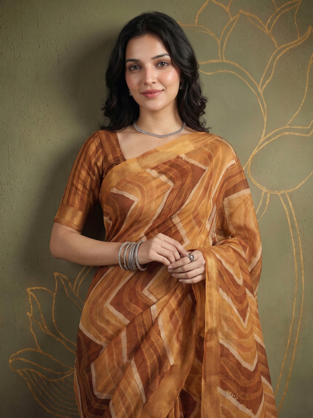 Mustard Cotton Blend Printed Saree