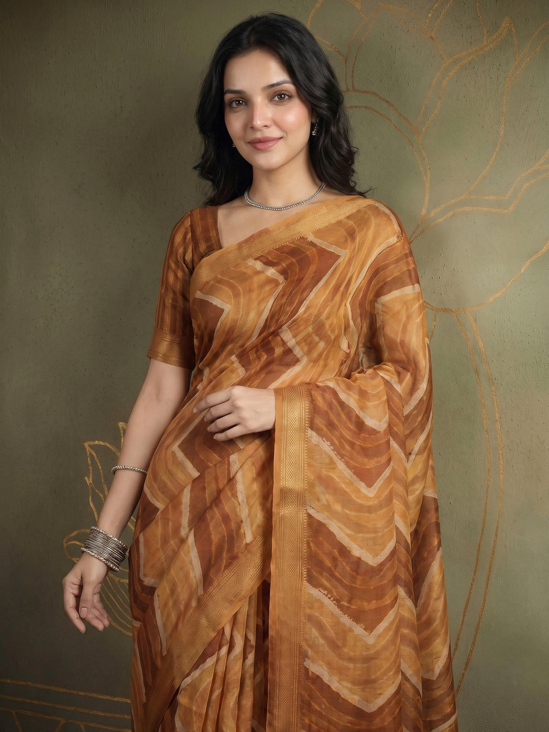 Mustard Cotton Blend Printed Saree