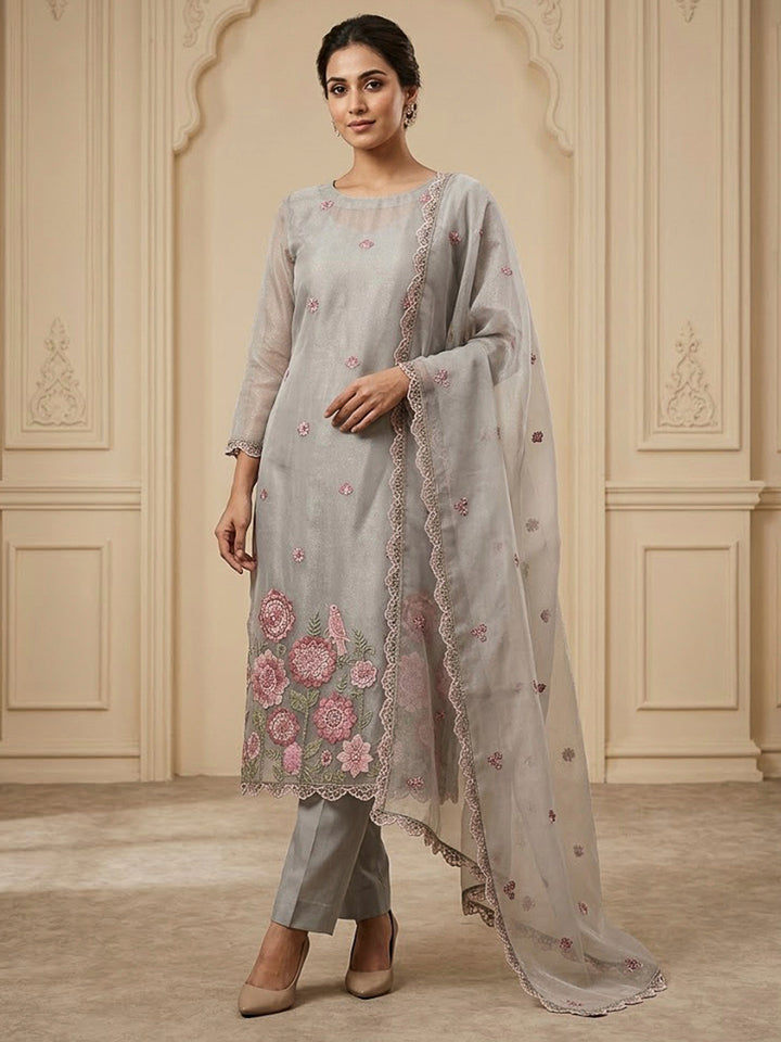 Grey Organza Embroidered Unstitched Dress Material