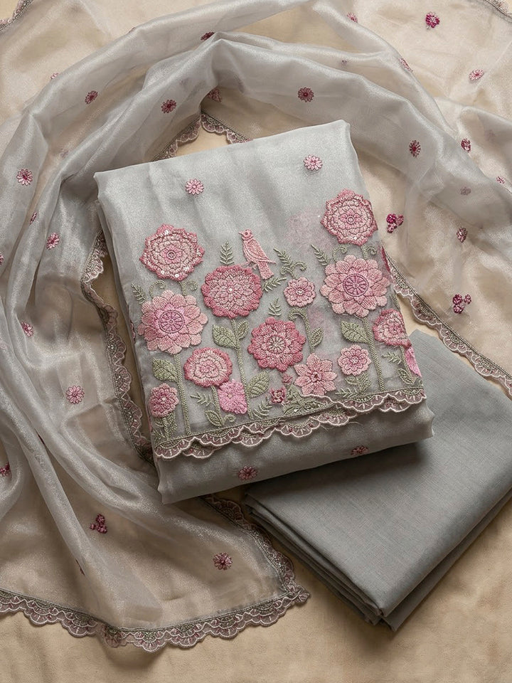 Grey Organza Embroidered Unstitched Dress Material
