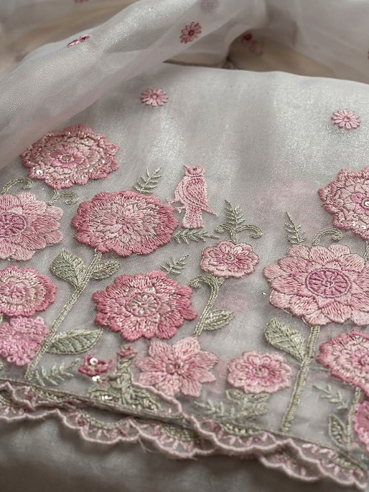Grey Organza Embroidered Unstitched Dress Material