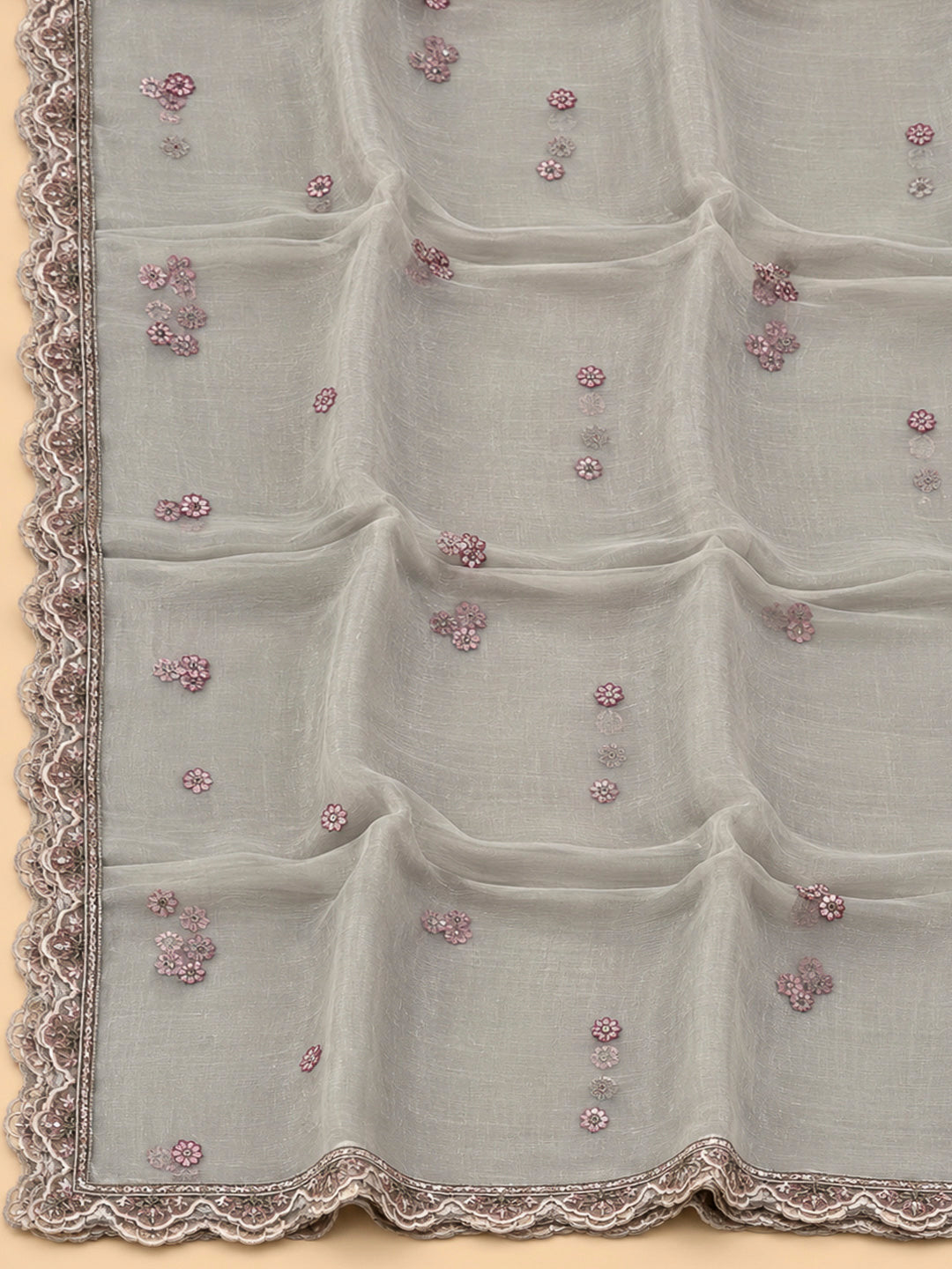 Grey Organza Embroidered Unstitched Dress Material