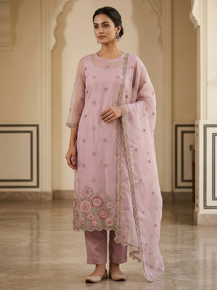 Onion Pink Organza Embroidered Unstitched Dress Material
