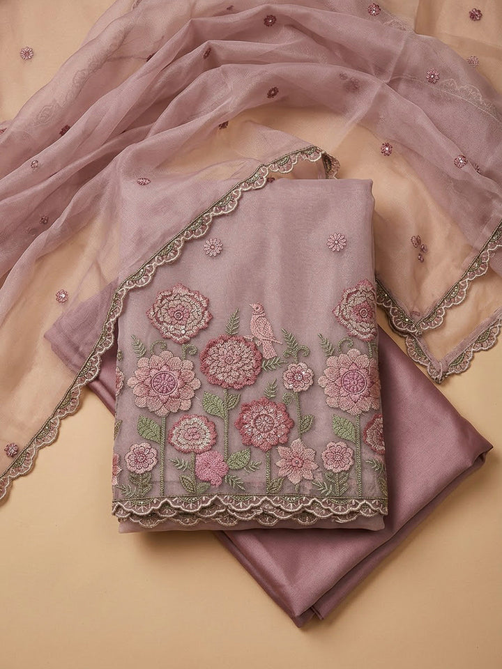 Onion Pink Organza Embroidered Unstitched Dress Material