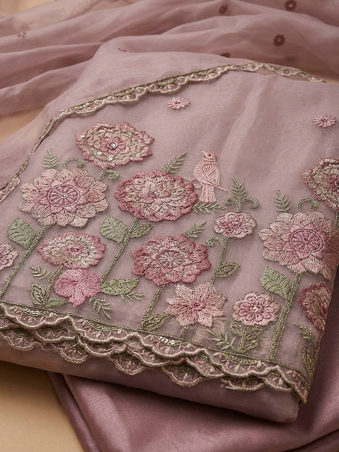 Onion Pink Organza Embroidered Unstitched Dress Material