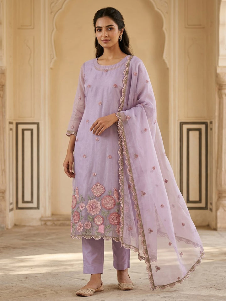 Purple Organza Embroidered Unstitched Dress Material