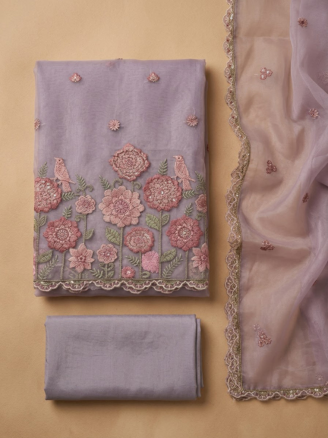 Purple Organza Embroidered Unstitched Dress Material