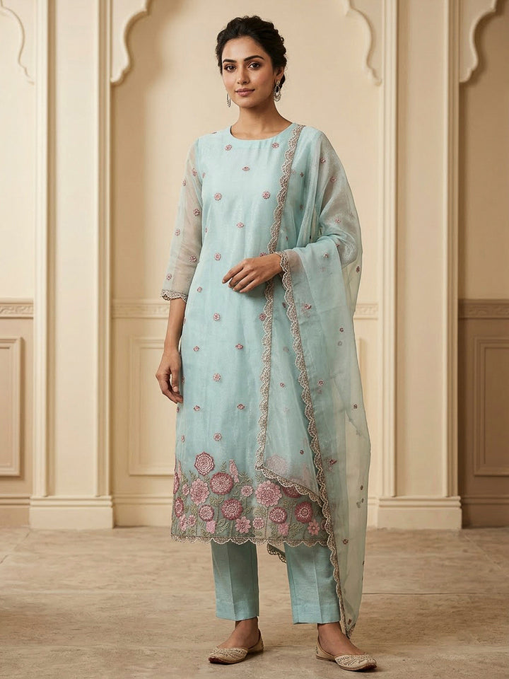 Sky Blue Organza Embroidered Unstitched Dress Material