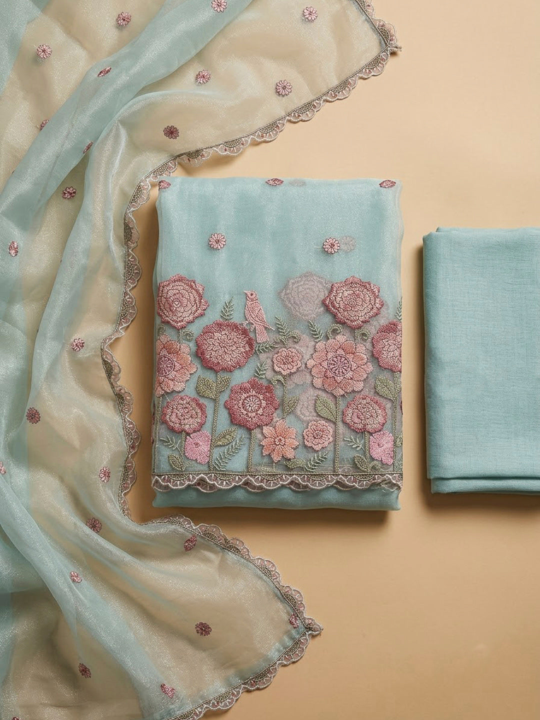 Sky Blue Organza Embroidered Unstitched Dress Material