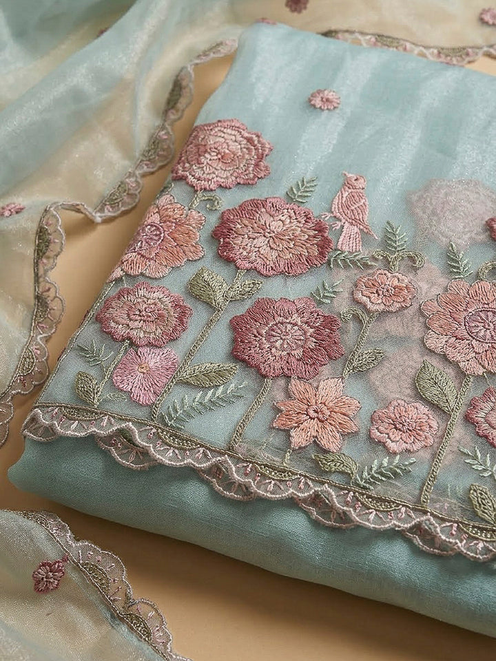 Sky Blue Organza Embroidered Unstitched Dress Material