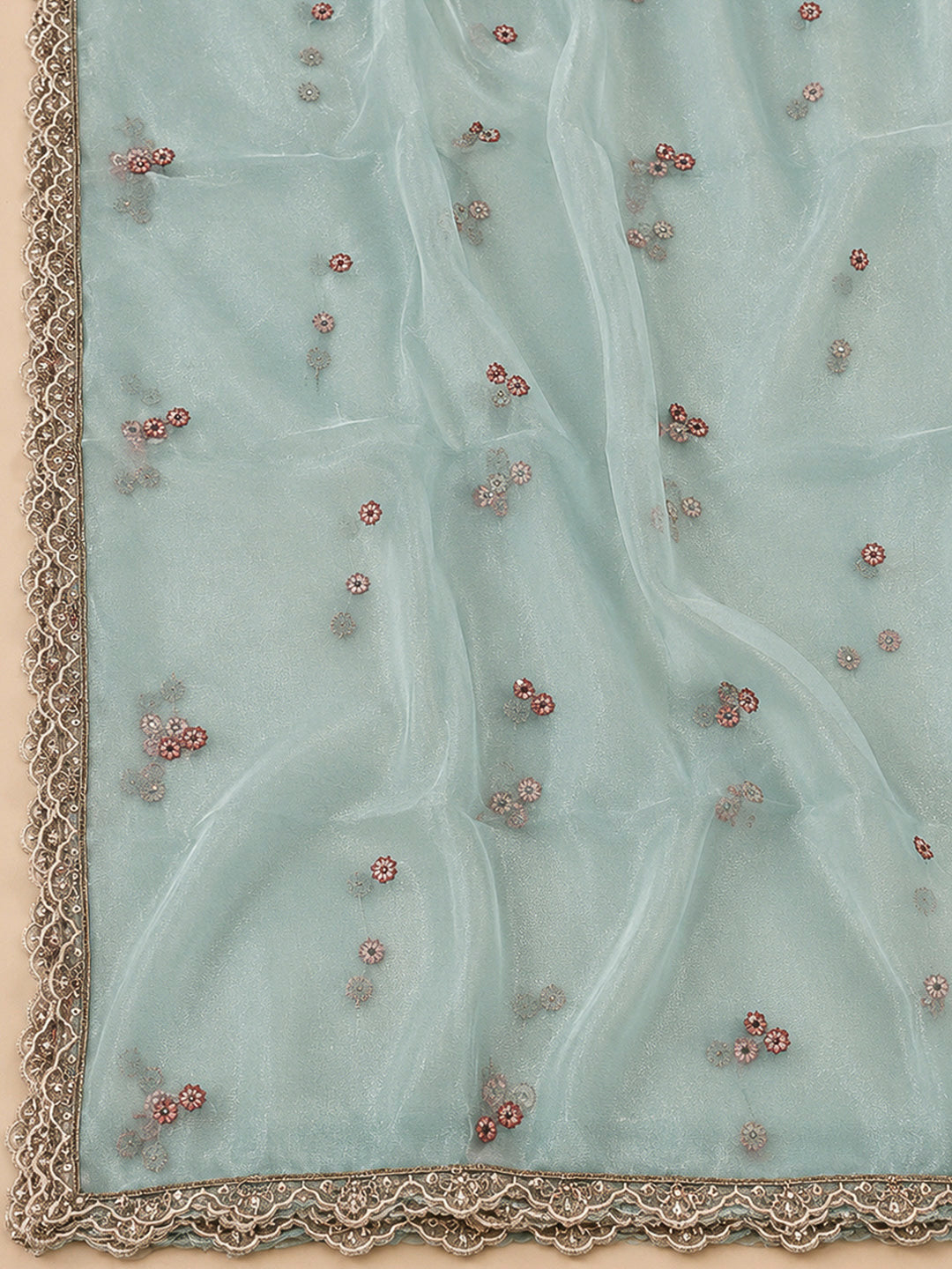 Sky Blue Organza Embroidered Unstitched Dress Material