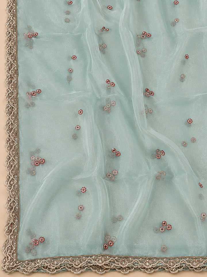 Sky Blue Organza Embroidered Unstitched Dress Material