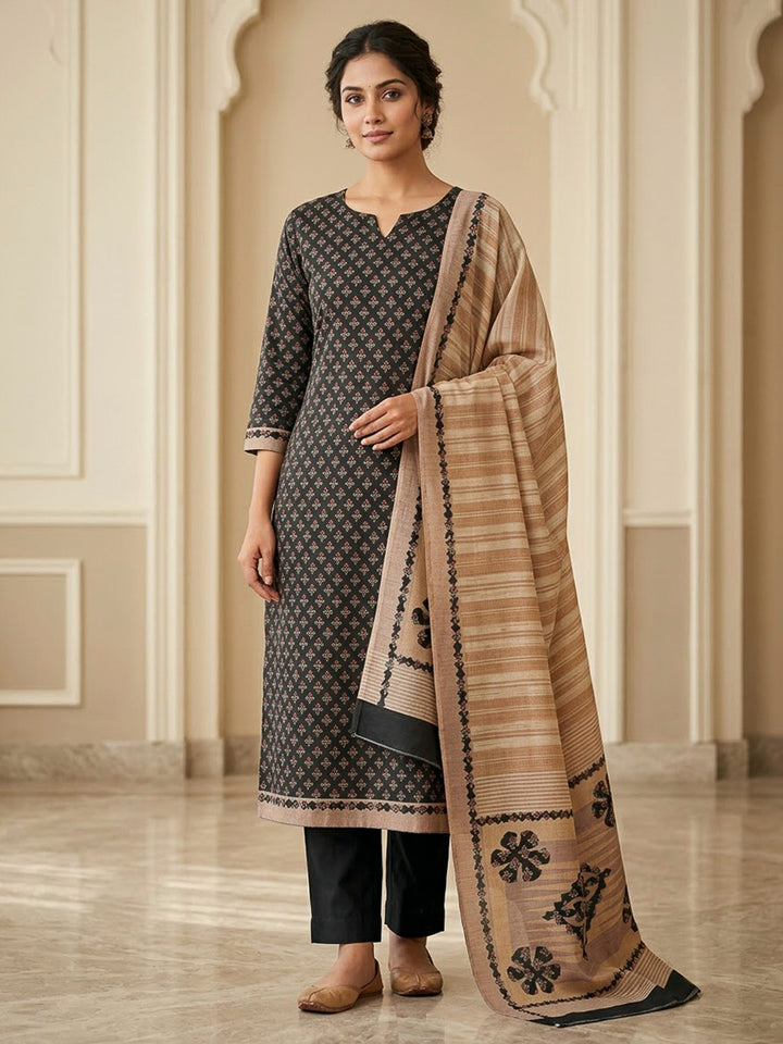Black Tussar Printed Unstitched Dress Material