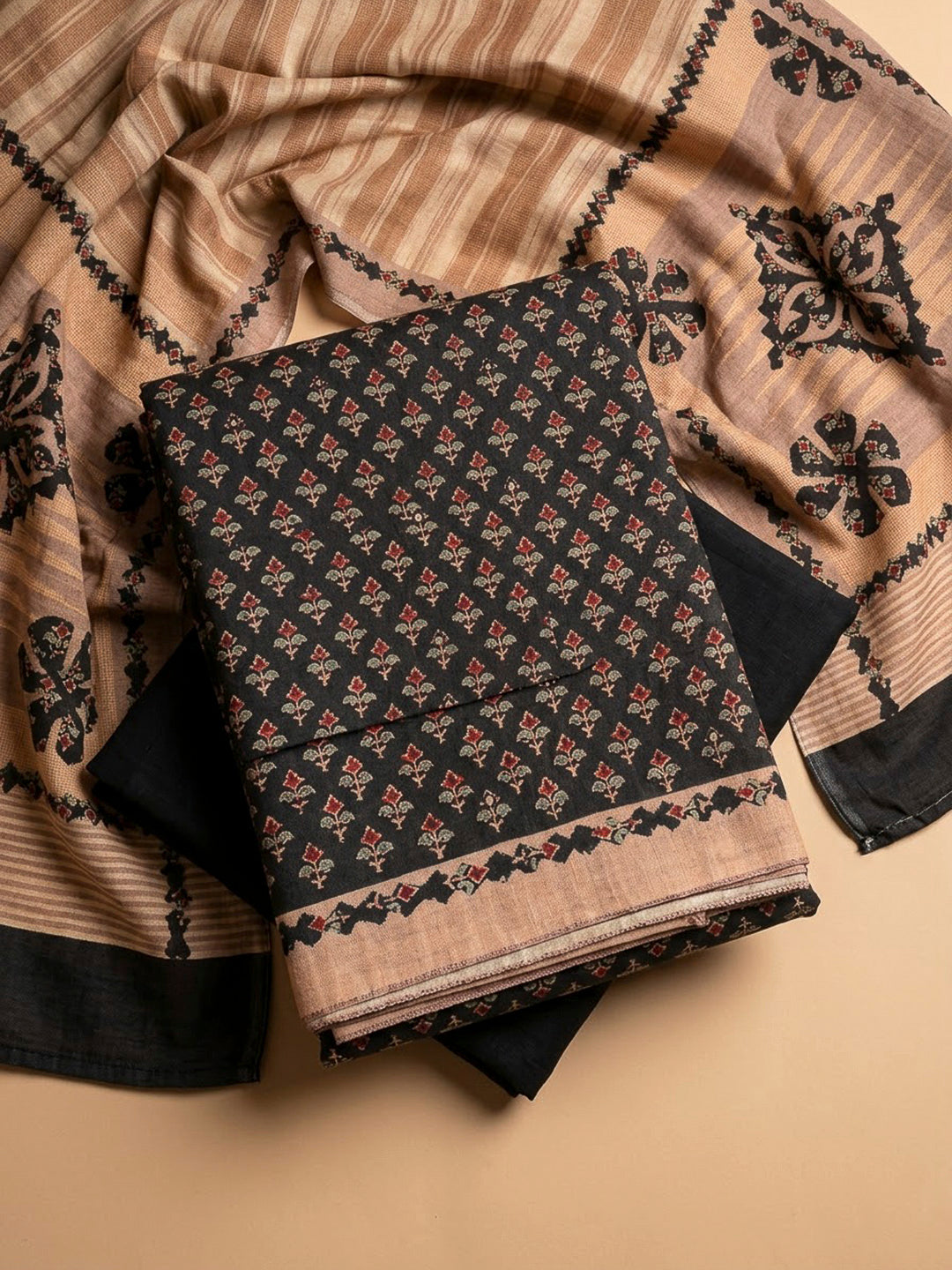 Black Tussar Printed Unstitched Dress Material