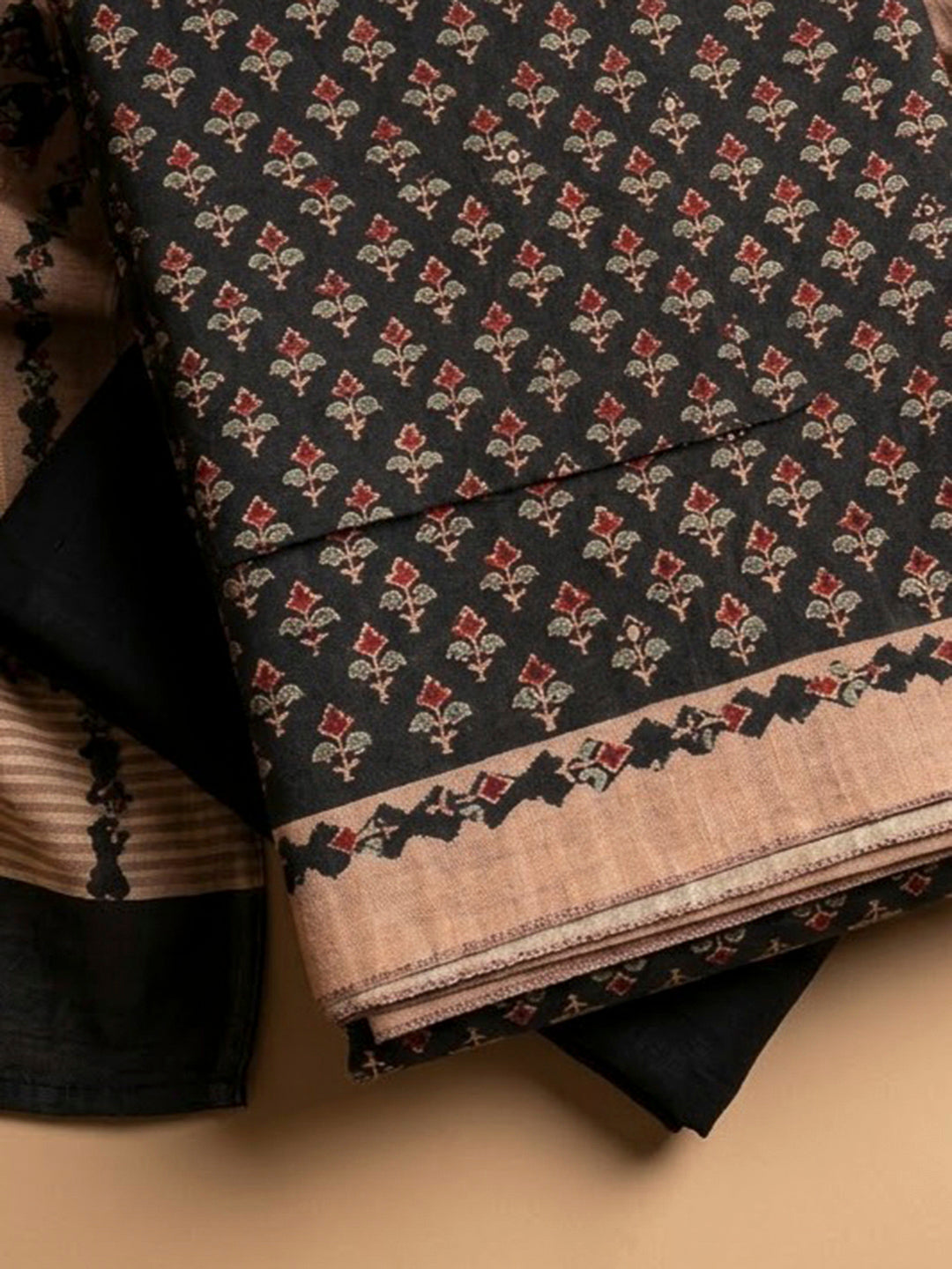 Black Tussar Printed Unstitched Dress Material