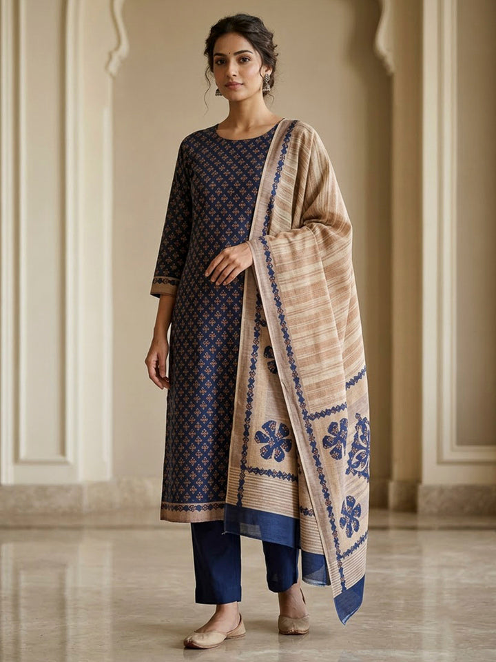 Blue Tussar Printed Unstitched Dress Material