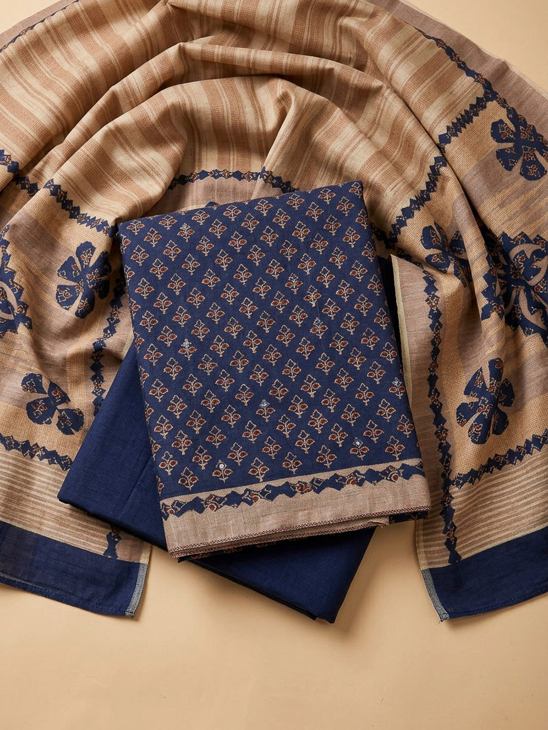 Blue Tussar Printed Unstitched Dress Material