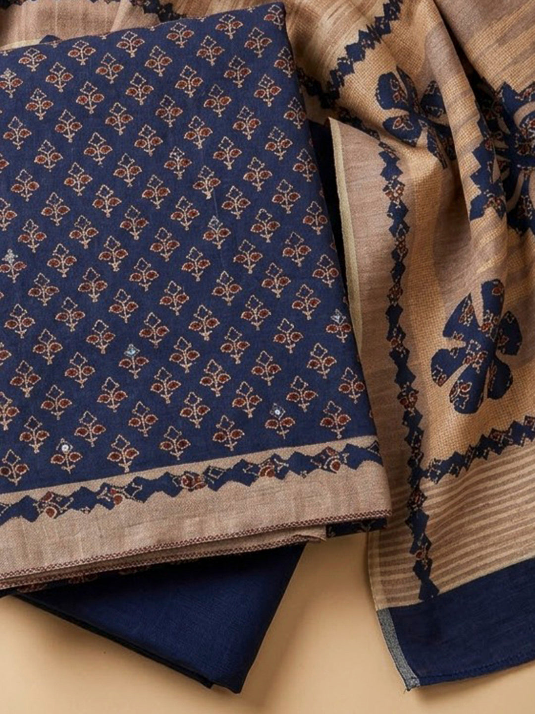 Blue Tussar Printed Unstitched Dress Material