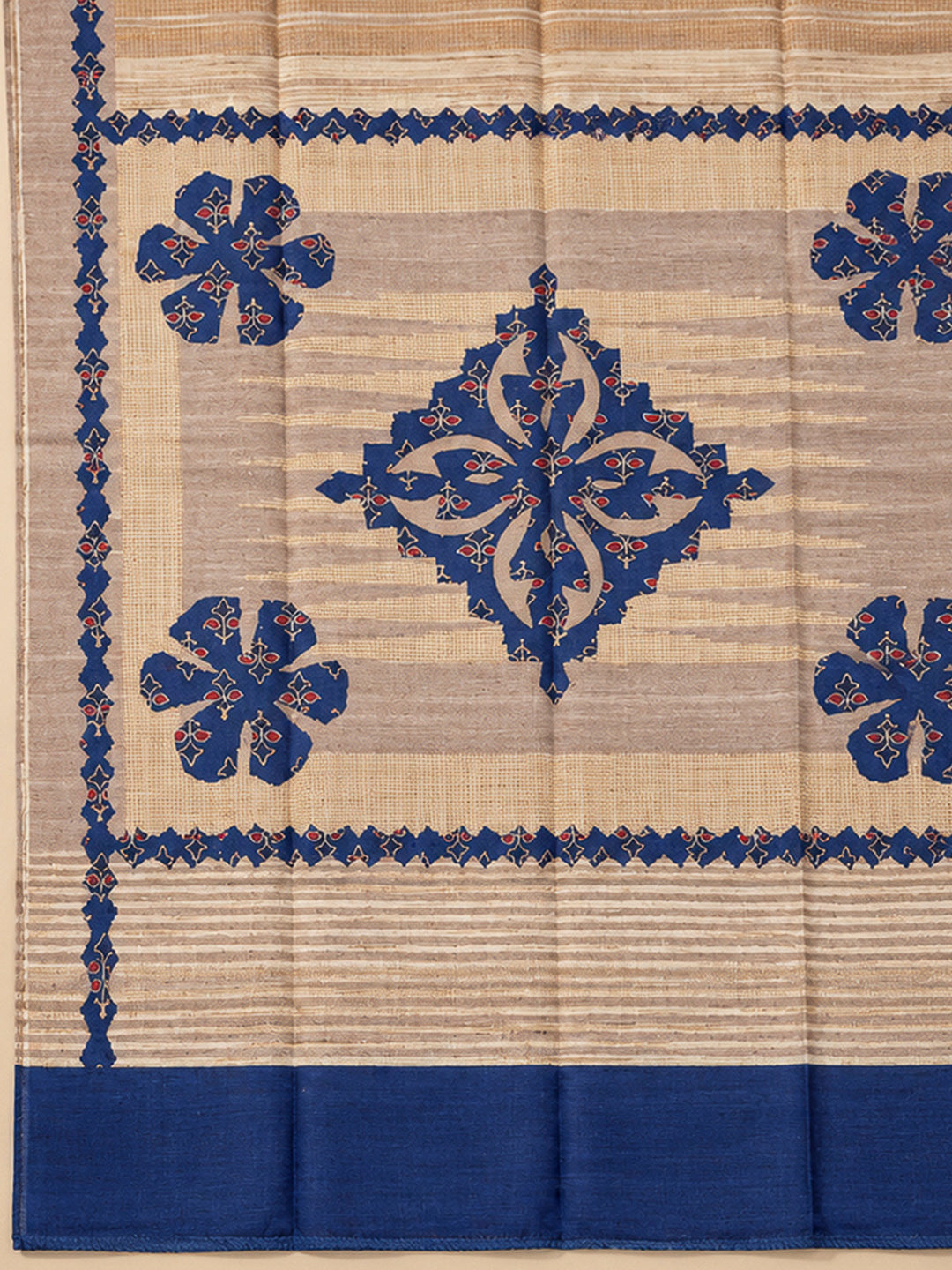 Blue Tussar Printed Unstitched Dress Material