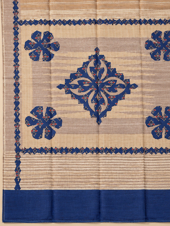 Blue Tussar Printed Unstitched Dress Material