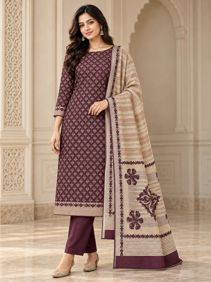 Maroon Tussar Printed Unstitched Dress Material