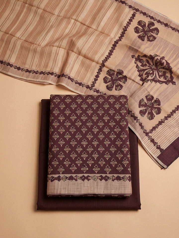 Maroon Tussar Printed Unstitched Dress Material