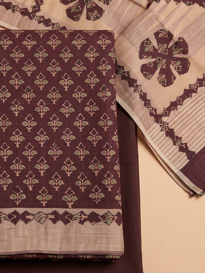 Maroon Tussar Printed Unstitched Dress Material