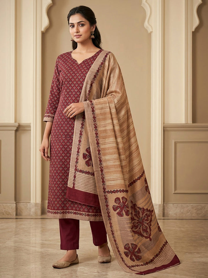 Red Tussar Printed Unstitched Dress Material