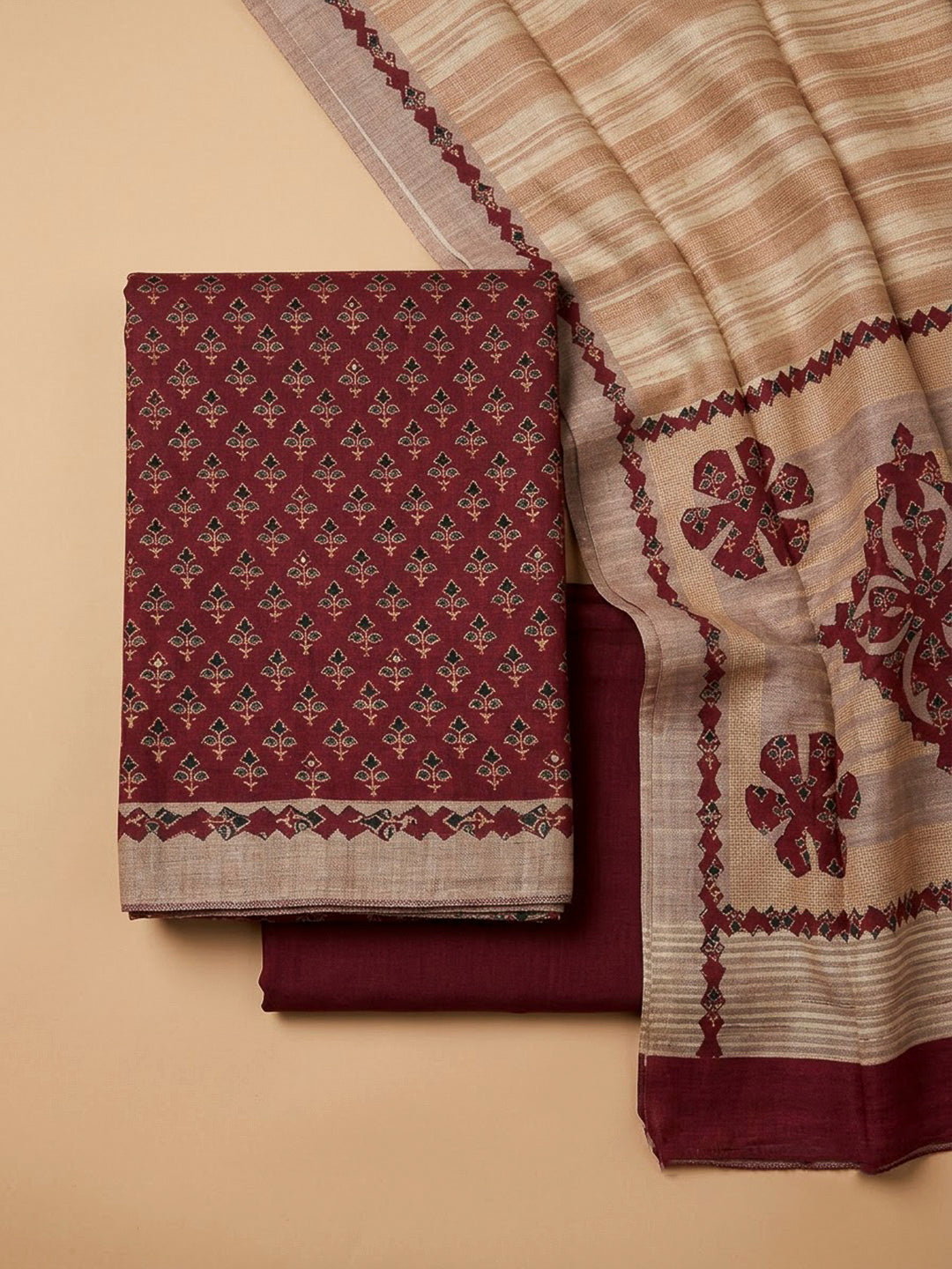 Red Tussar Printed Unstitched Dress Material