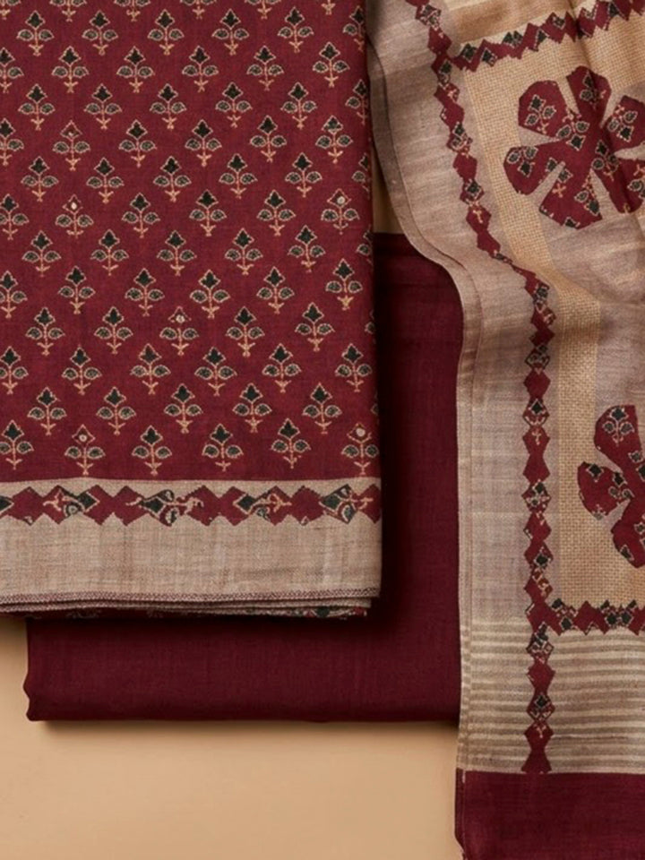 Red Tussar Printed Unstitched Dress Material