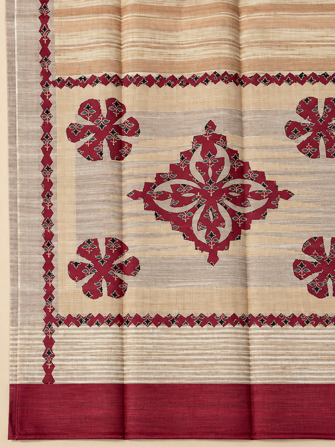 Red Tussar Printed Unstitched Dress Material