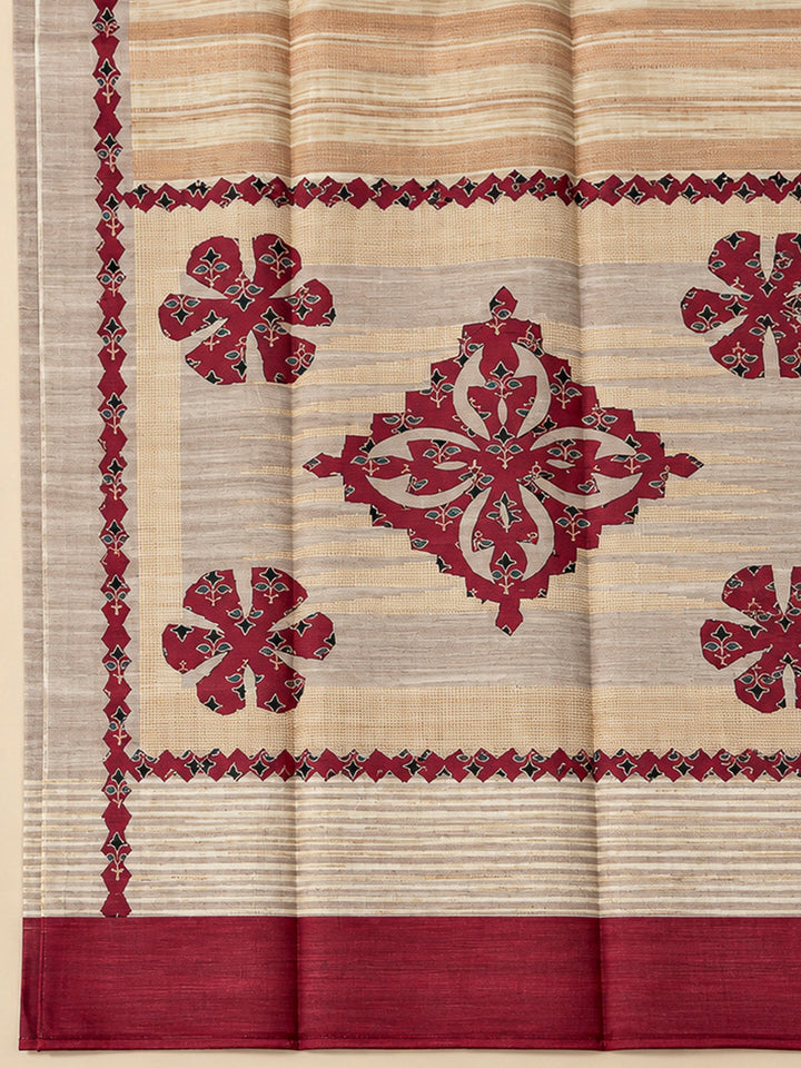 Red Tussar Printed Unstitched Dress Material
