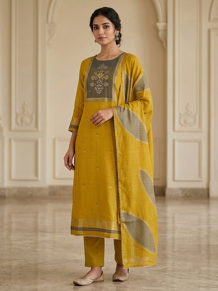 Mustard Tussar Embroidered Unstitched Dress Material